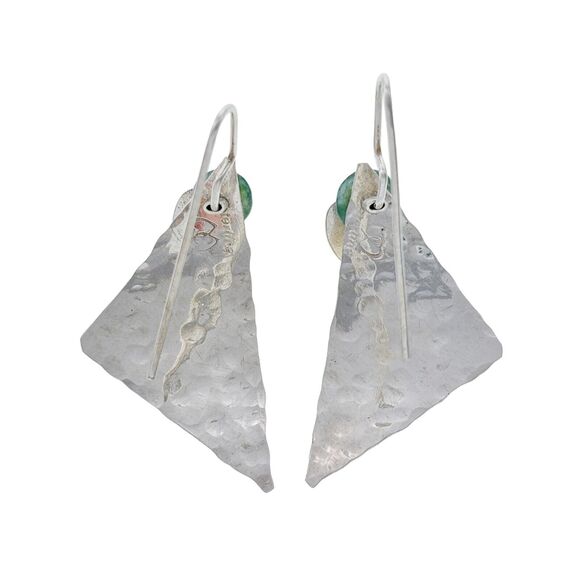 Sterling Silver Abstract Hammered Triangle Heart Green Nephrite Dangle Earrings - Picture 3 of 6